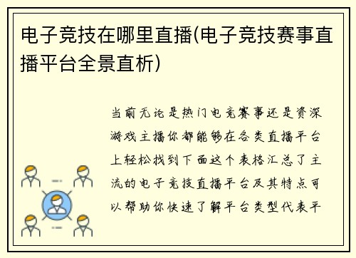 电子竞技在哪里直播(电子竞技赛事直播平台全景直析)